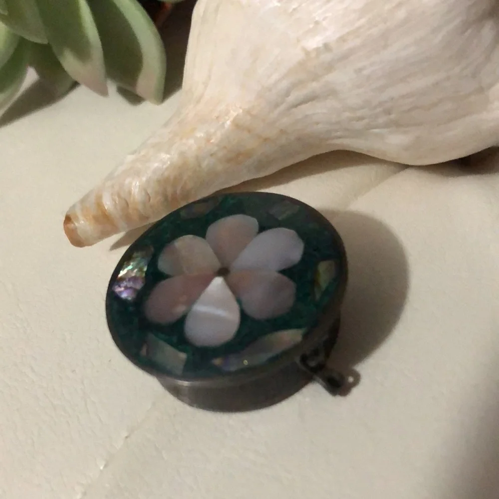 Handmade Vintage Mini Metal Tin-Abalone Inlay Cover Detail